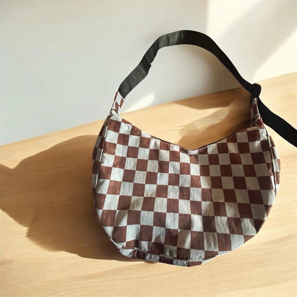 BAGGU Medium Nylon Crescent Bag - Brown and Blue Checkered Pattern